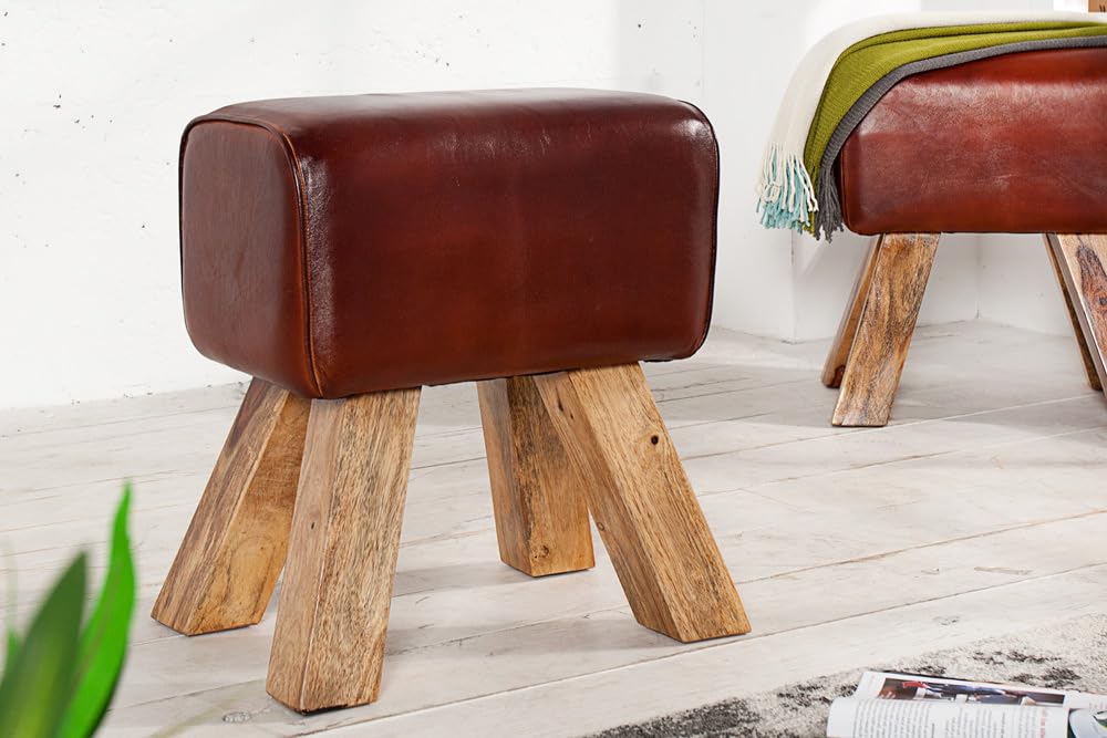 invicta INTERIOR Kult Sitzhocker TURNBOCK mit Echtleder Bezug Mangoholz Schulsport Hocker Natur 40cm Fußhocker aus Holz mit Lederbezug