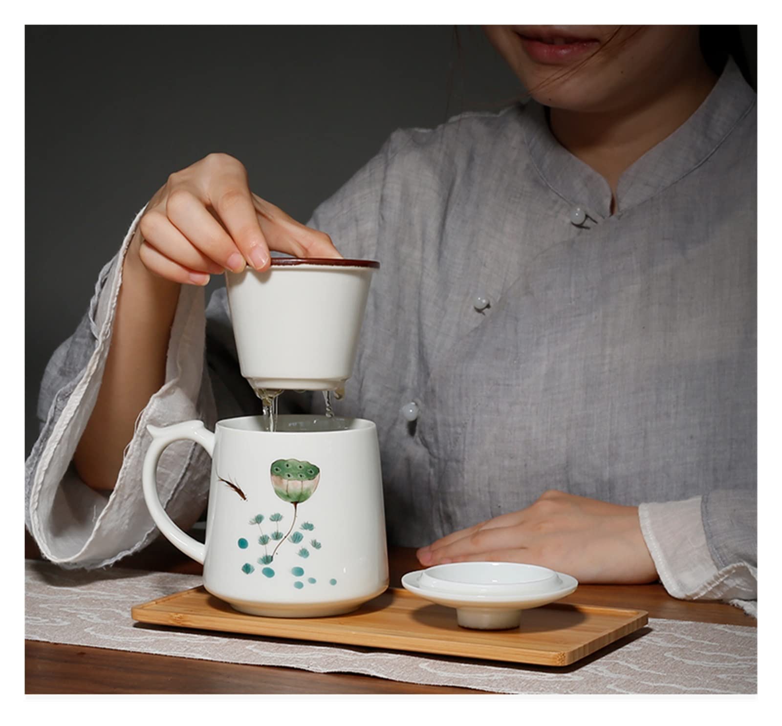Tazas de té de Loto de cerámica pintadas a Mano de 400 ml, Taza de té de cerámica con infusión de Hojas Sueltas y Tapa para el hogar, Oficina, Cocina