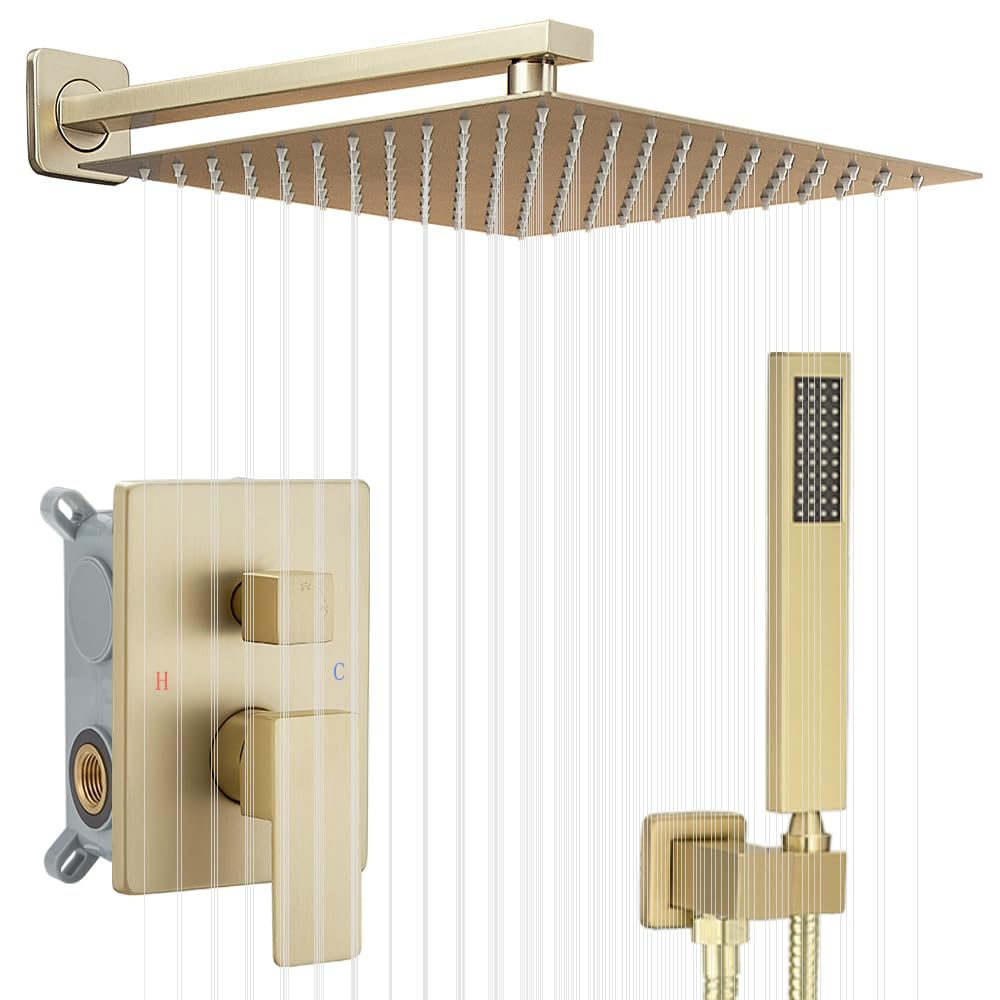 Shower Faucet Set 16 Inch Wall Mount Rain Shower System, All Metal Shower Fixtures - Brushed Gold