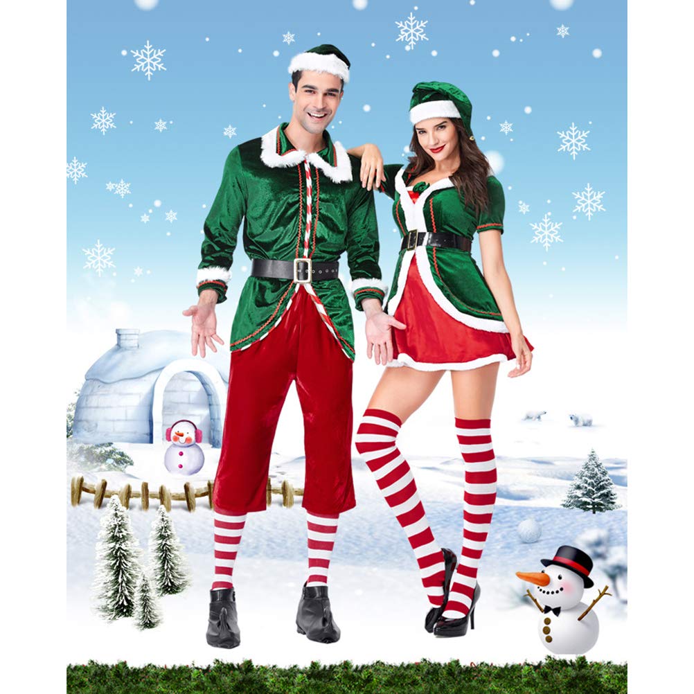 Conjunto de Disfraz de Elfo Navideño Lujoso Kit de Cosplay para Adultos de para Parejas Navidad Halloween Año Nuevo Poliéster Verde