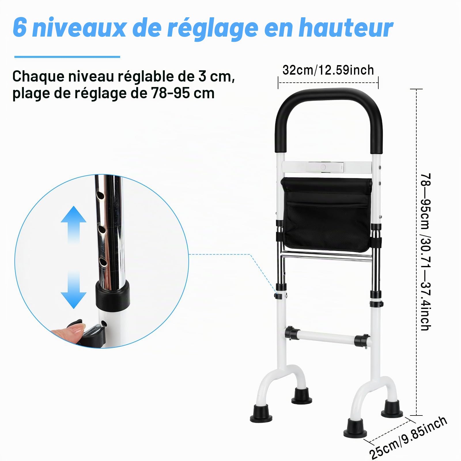 Aides Lever Lit 78 – 95 cm Réglable Support pour se lever du lit avec lumière LED Capacité 136 kg Aide pour rester debout sur les canapés, lits, à côté des toilettes pour personnes âgées et