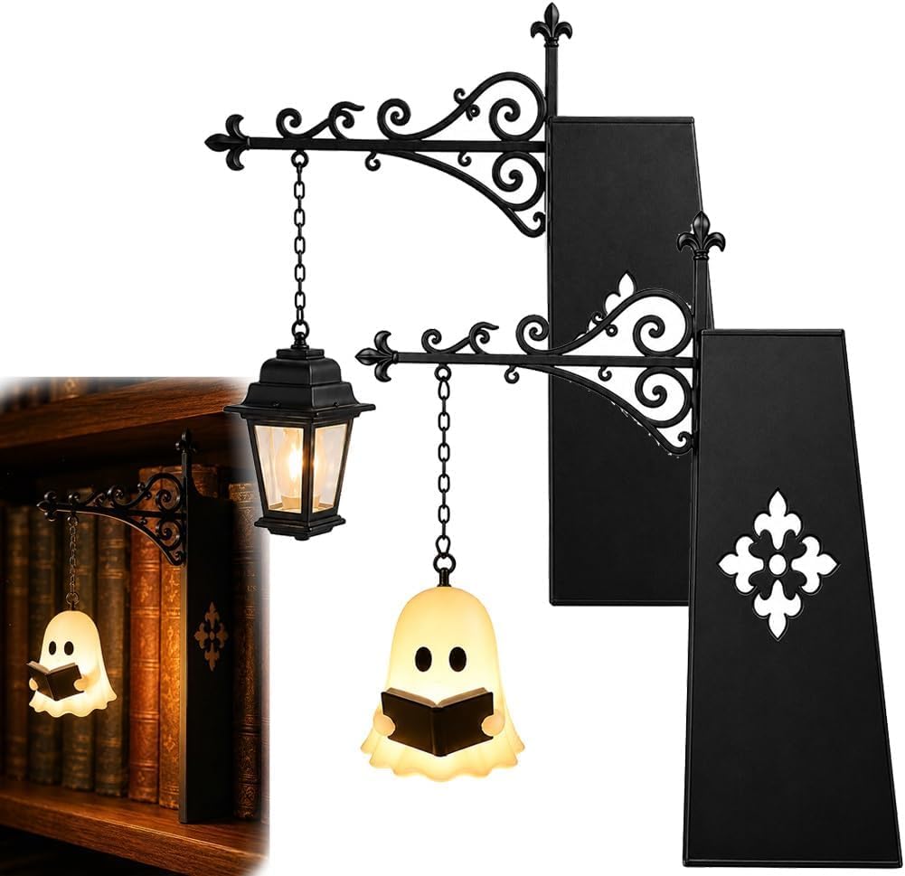 Library Lantern Mini Bookshelf Lamp,Vintage Hanging LED Book Nook Light Slides Between Books,Lantern&Ghost&Pumpkin Warm Decorative Shelf Lighting for Home,Reading Corner,Study&Book Lovers Gift 2PCS
