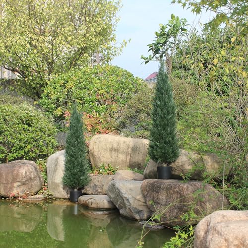 ECOLVANT Two 4FT Artificial Cedar Trees Artificial Topiary UV Resistant Potted Plant Artificial Outdoor Tree Artificial Plants for Indoor Outdoor Garden - Thumbnail 6