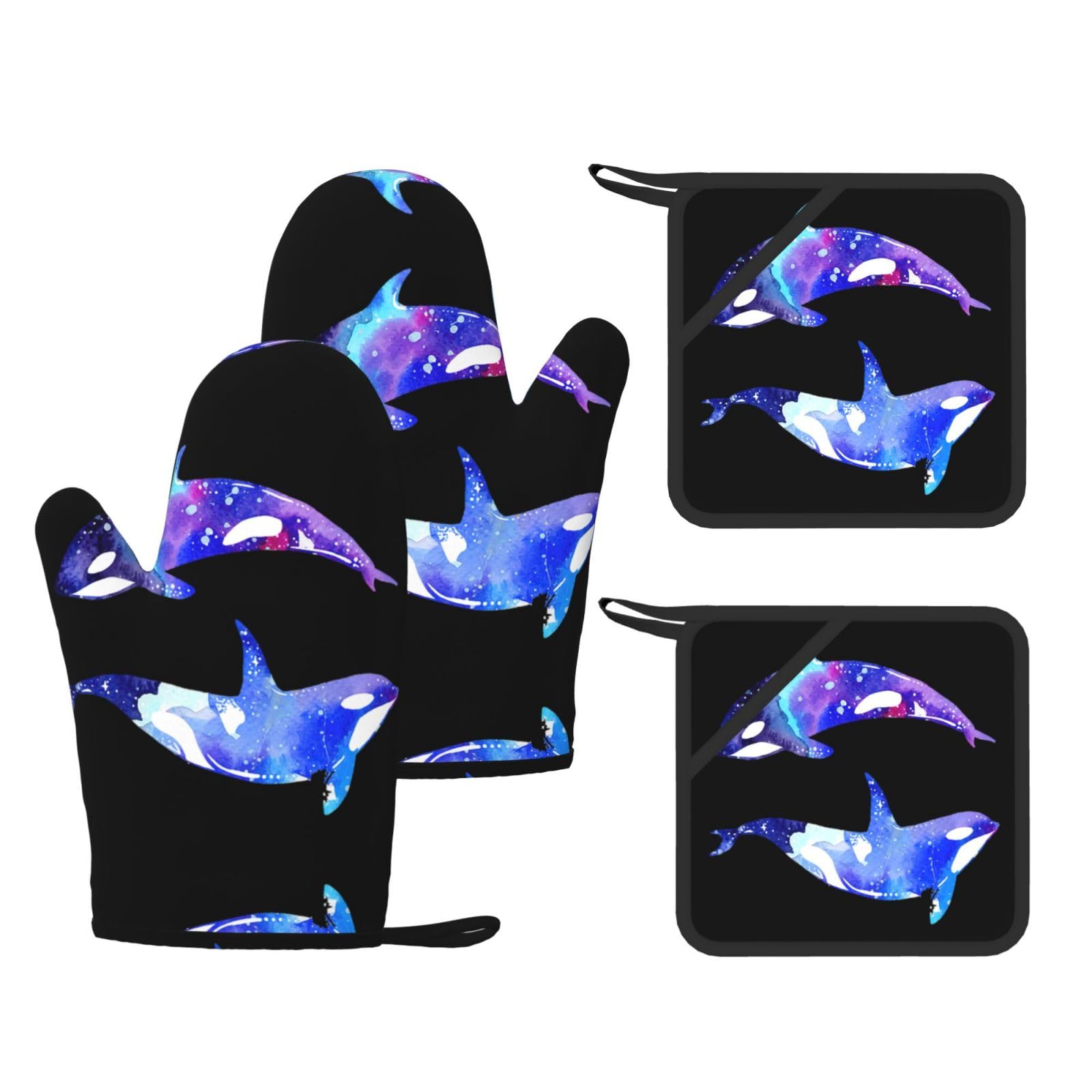 Eeprty Black Orca Killer Whale Printed Kitchen Oven Gloves And Potholder 4 Pcs, Non-Slip Heat Resistant Mitts For Baking Chef