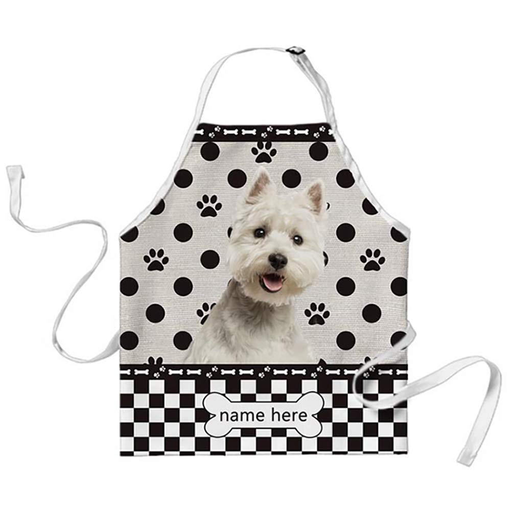 BAGEYOU Personalized Polka Dots and Plaid Checkered Apron with Funny Dog West Highland White Terrier Westie Chef Kitchen Cooking Arpon for Men Women