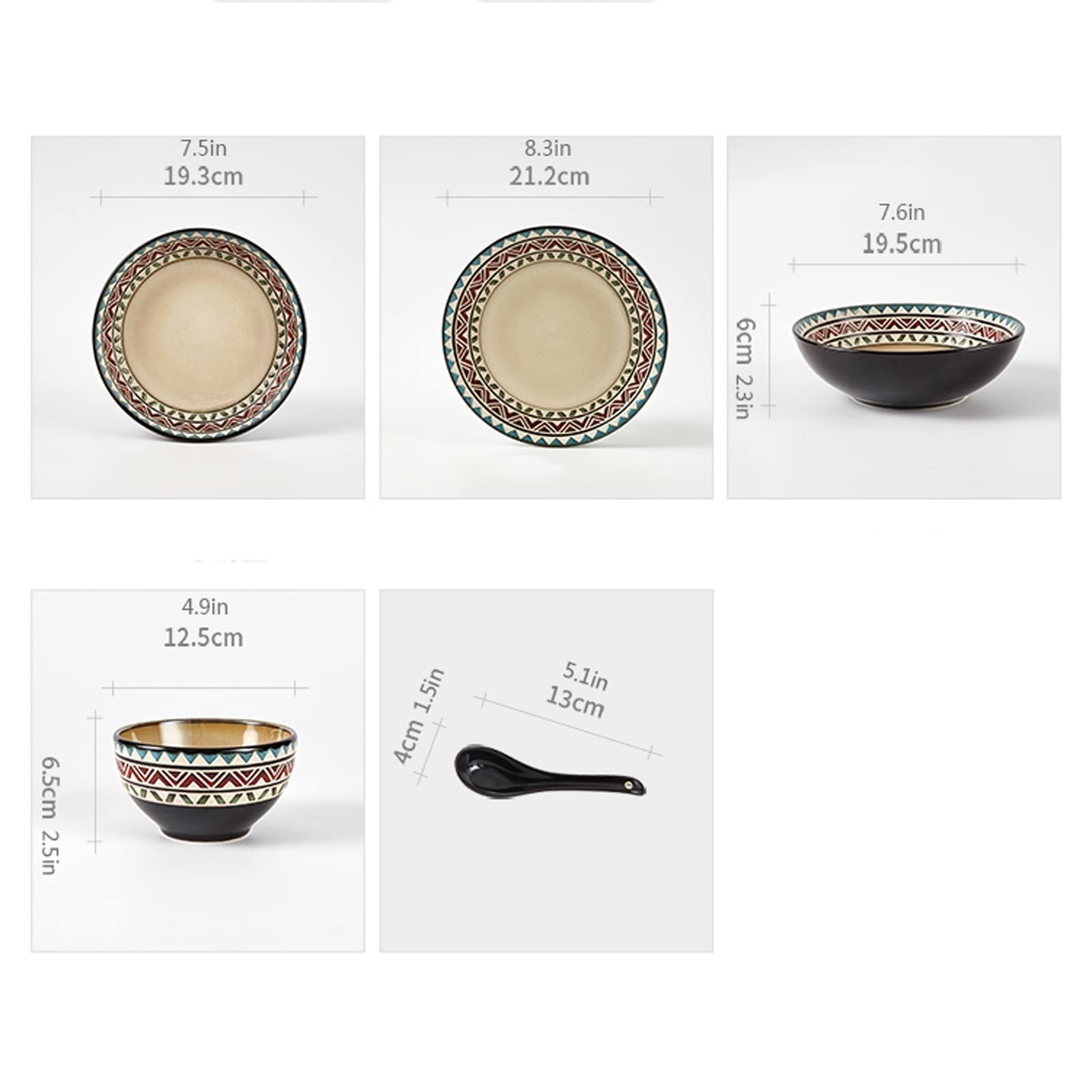 H3TF5J Set di Piastre per Cena a Base di Geometrica retrò, Set di stoviglie in Ceramica a 18 Pezzi, lavastoviglie e tavoli da Tavolo sicuri a microonde, Piastre di Porcellana Durevole ad Alta