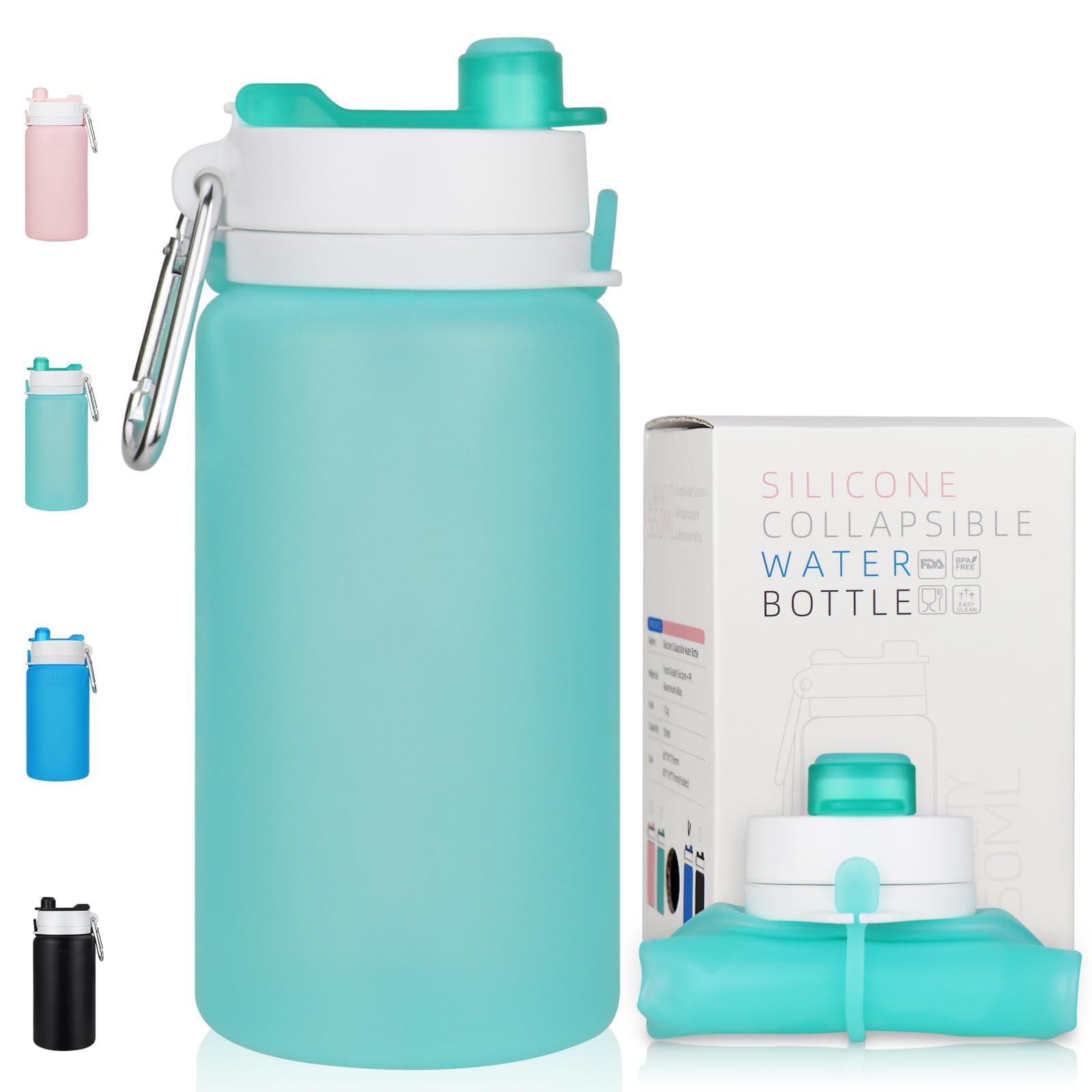 PLTCAT Faltbare Wasserflaschen, 540 ml, faltbare Silikon-Reiseflaschen | Grün, BPA-freies Silikon, auslaufsichere Deckel, spülmaschinenfest, Karabiner-Clips, kompaktes Roll-Up-Design