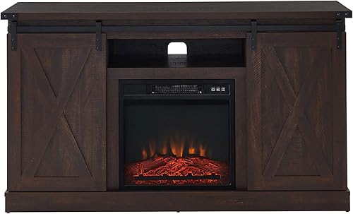 EDYO LIVING Mueble de TV con chimenea eléctrica para TV de 60 pulgadas, centro de entretenimiento con puerta de granero con chimenea y estantes de