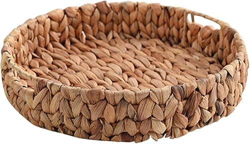 Bandeja redonda tejida de frutas para servir pan, cestas de almacenamiento hechas a mano, bandeja otomana rústica para cena, desayuno, bebidas y