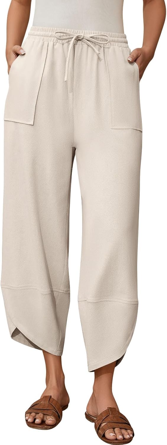 Womens Barrel Harem Linen Pants Wide Leg Pants Baggy Palazzo Drawstring Elastic Waist with Pockets Beach