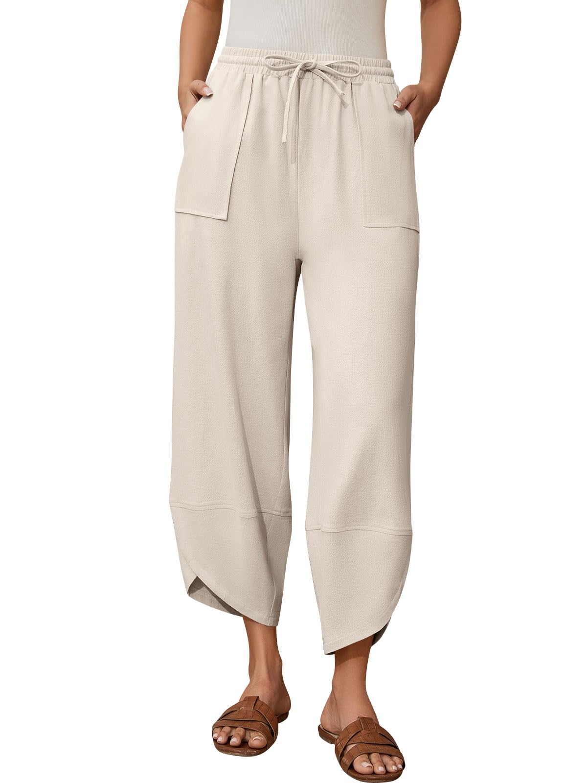 Womens Harem Cotton Linen Pants Wide Leg Barrel Baggy Sweatpants Palazzo Elastic Waist Trousers with Pockets Beach