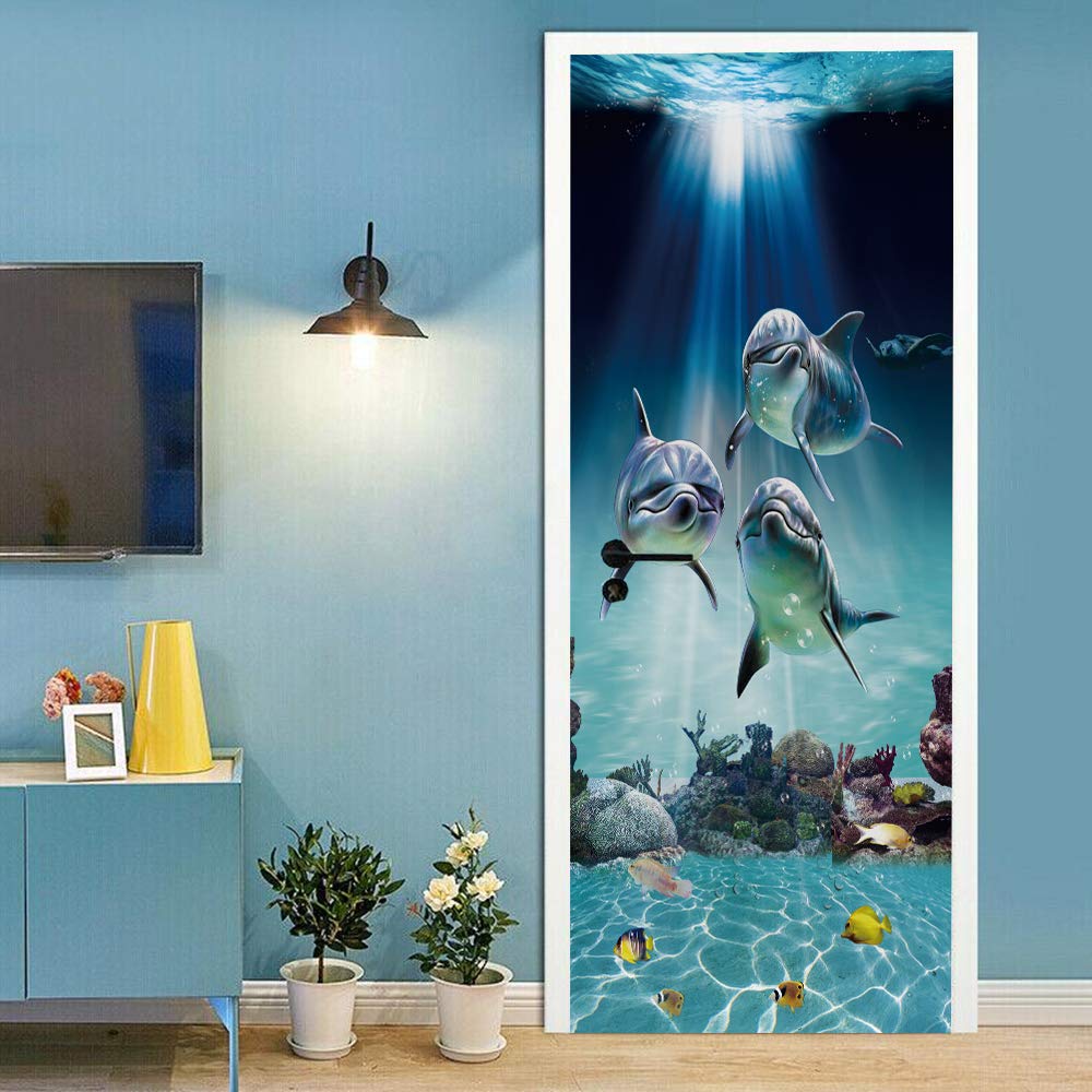 Sticker porte trompe l'oeil dauphin pour créer une ambiance marine salon