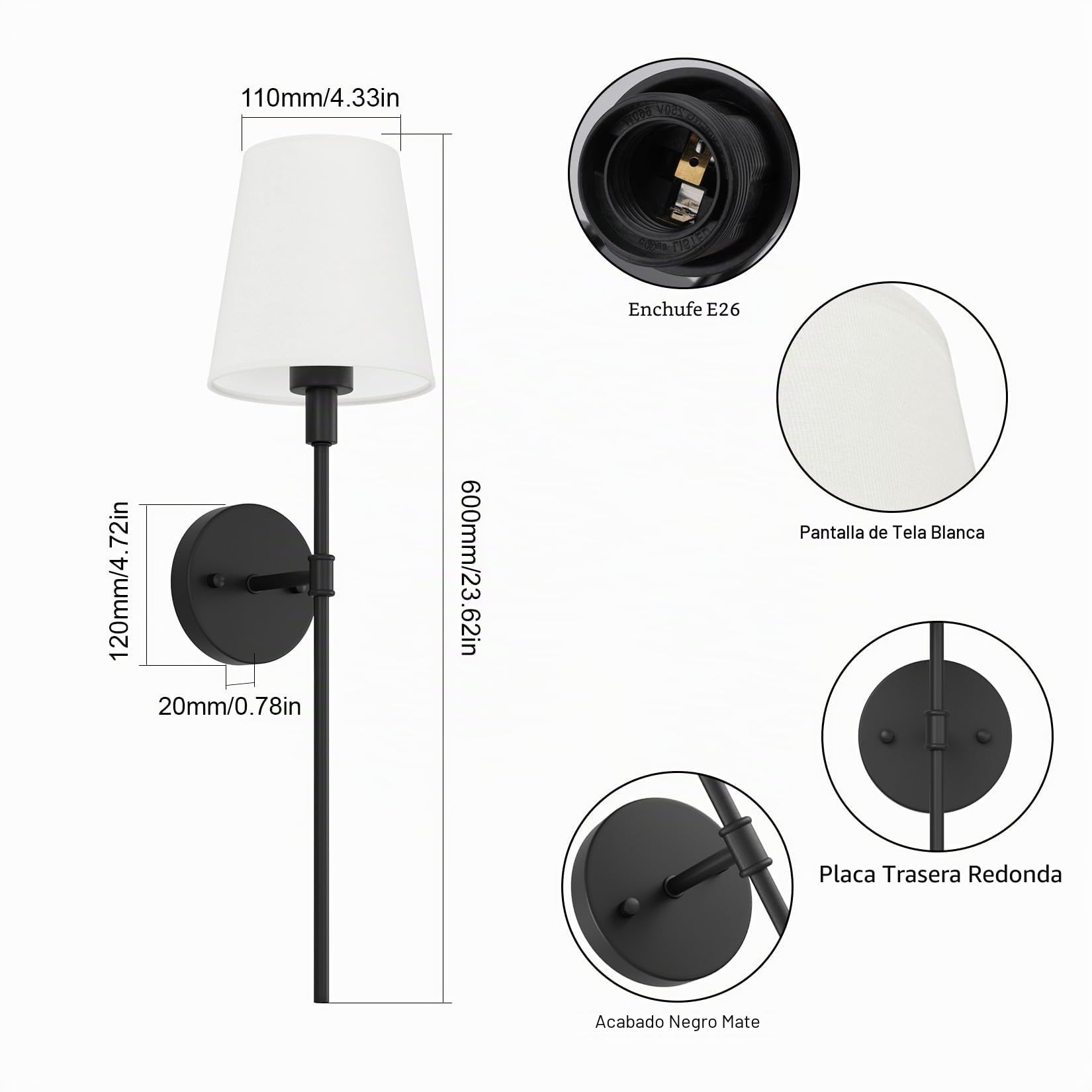 Aipsun 2 PCS 5500mAh Lámpara de pared de la batería con pantalla de tela blanca, Regulable, Aplique de Pared Interior Sin Cable con mando a distancia, para dormitorio, cuarto de baño(Negro)