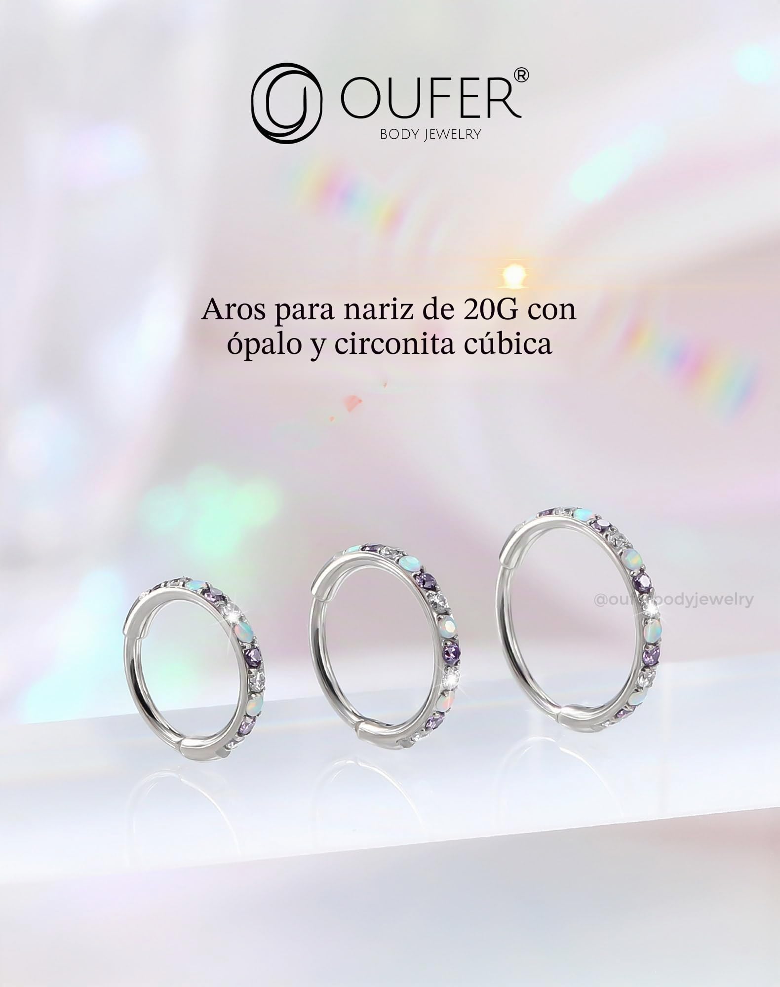 OUFER 20G Clicker Piercing para la nariz, acero quirúrgico 316L, transparente, violeta/negro, CZ y ópalo, cartílago, piercing para mujer, 6/7/8 mm