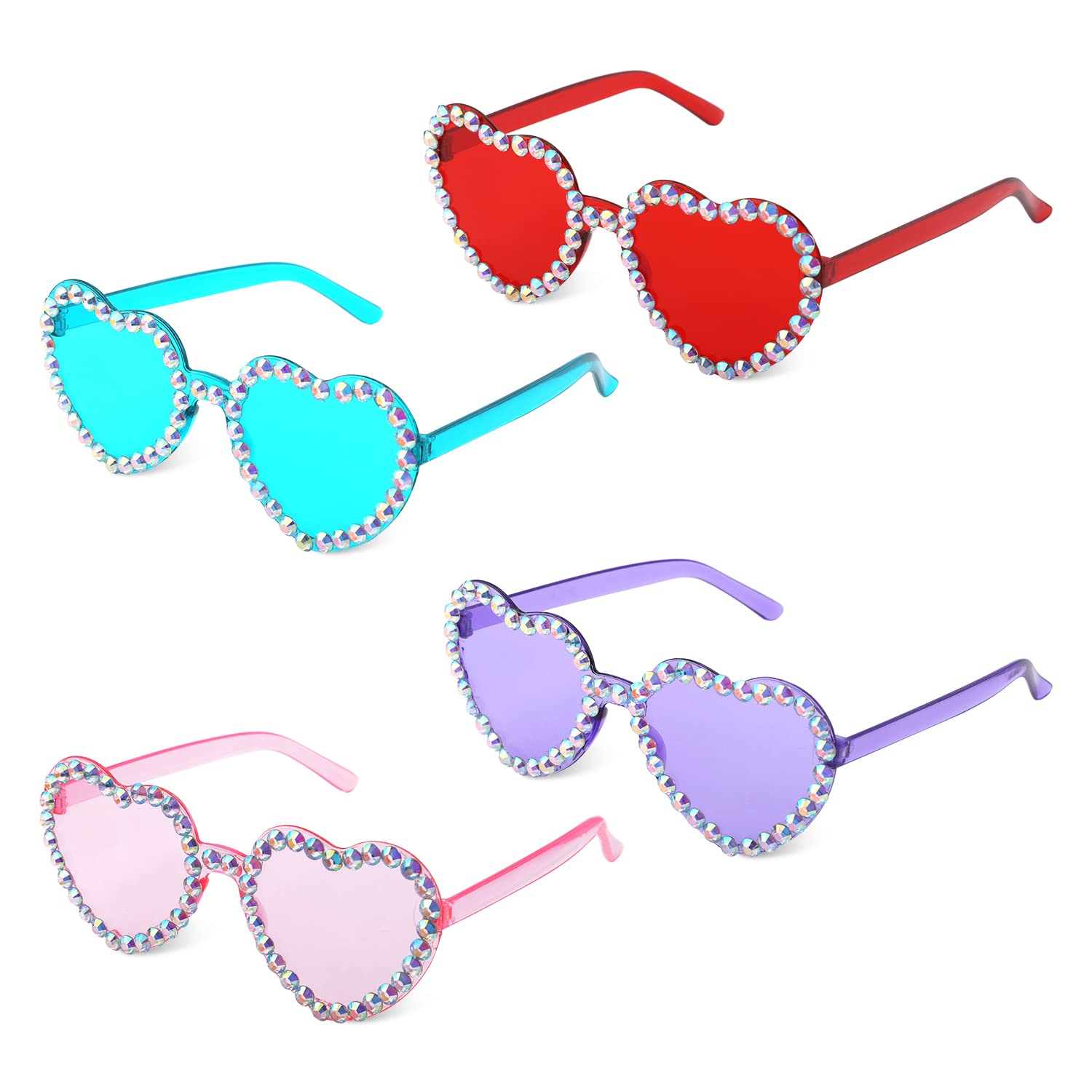 4pcs Heart Shaped Rimless Sunglasses, Stylish Rhinestone Transparent Frameless Heart Sunglasses for Women Girls at Birthday Party Summer Party Bachelorette Parties (Red, Pink, Blue, Purple)