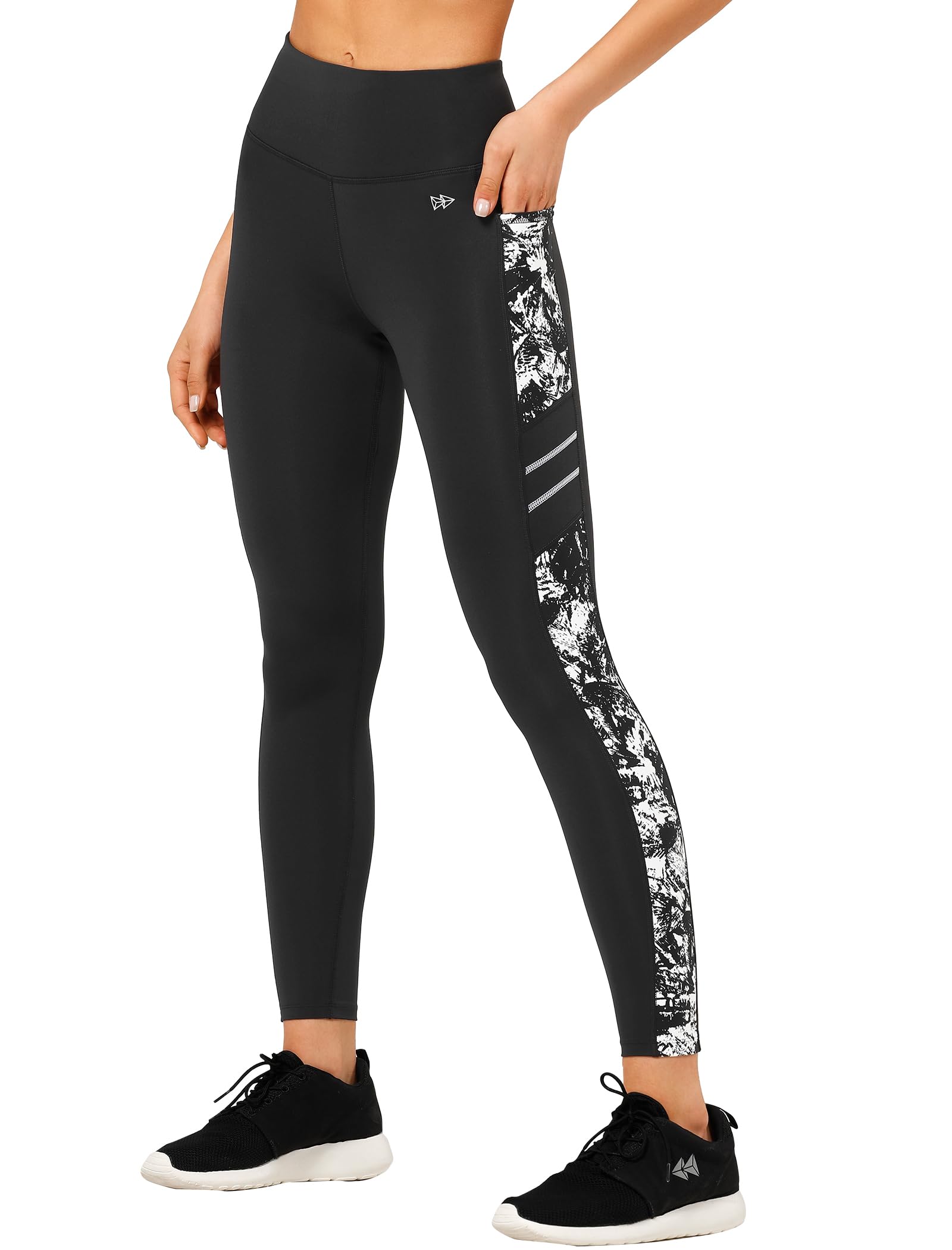 Yvette Stampato, leggings sportivi da donna con tasche, a vita alta, opachi, per palestra