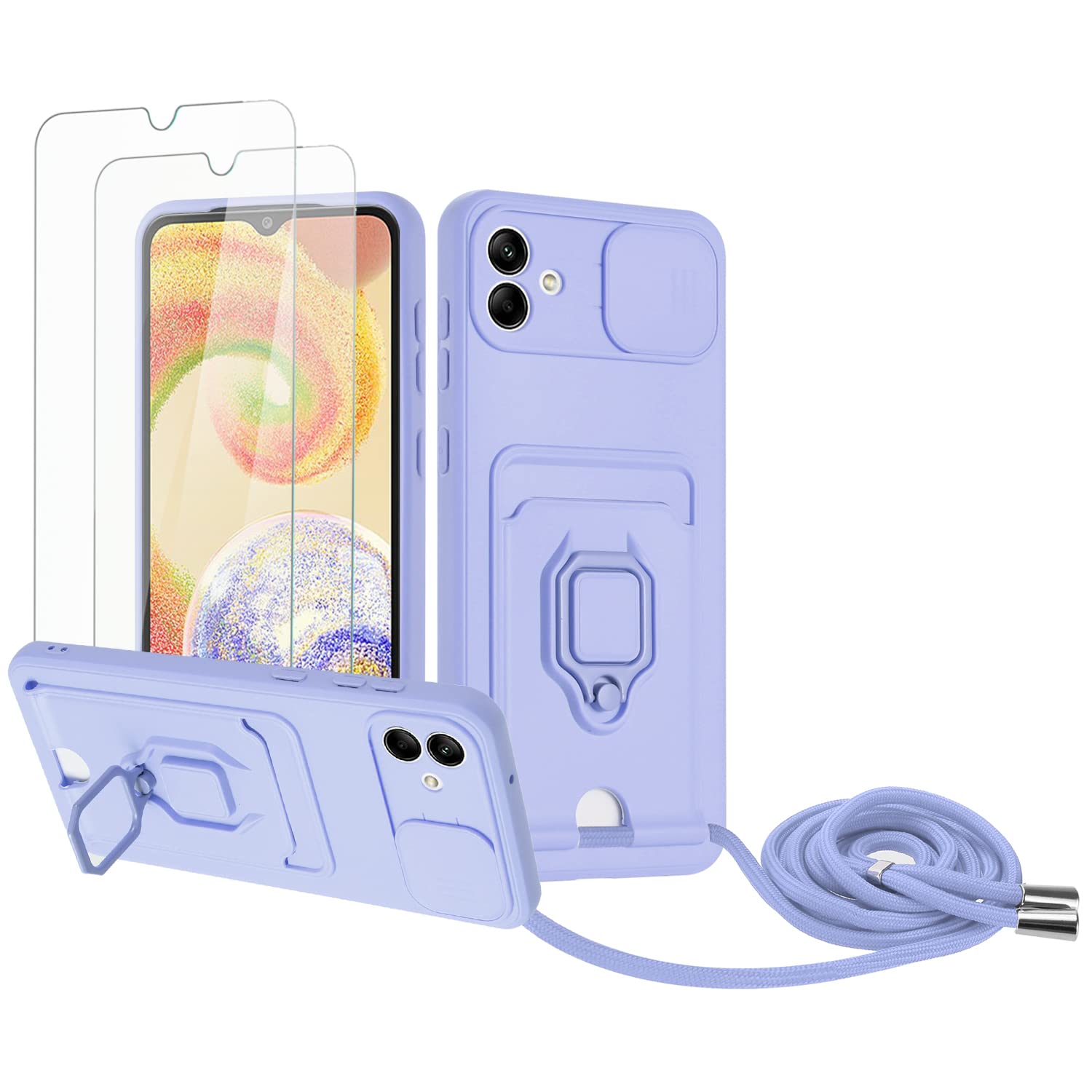 Zallagre Funda con Cuerda Compatible con Redmi Note 13 Pro 5G,[2 Packs Cristal Templado],Ranura para Tarjetas,Cubierta de Cámara Deslizante Proteger,360 Anillo Soporte-Morado — view 61