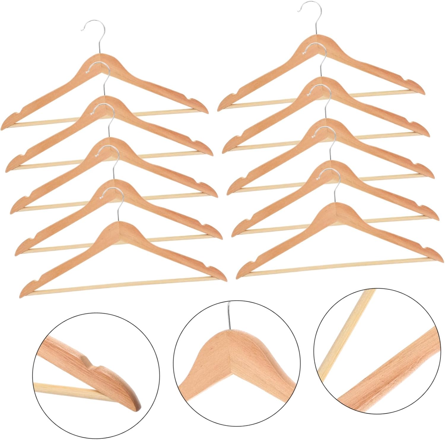 10pcs Wide Shoulder Wooden Hangers for Clothes Drying and Closet Storage Lightweight Solid Wood with Skirt Accessory Multifunctional Household Organizer for Suits Coats Jackets