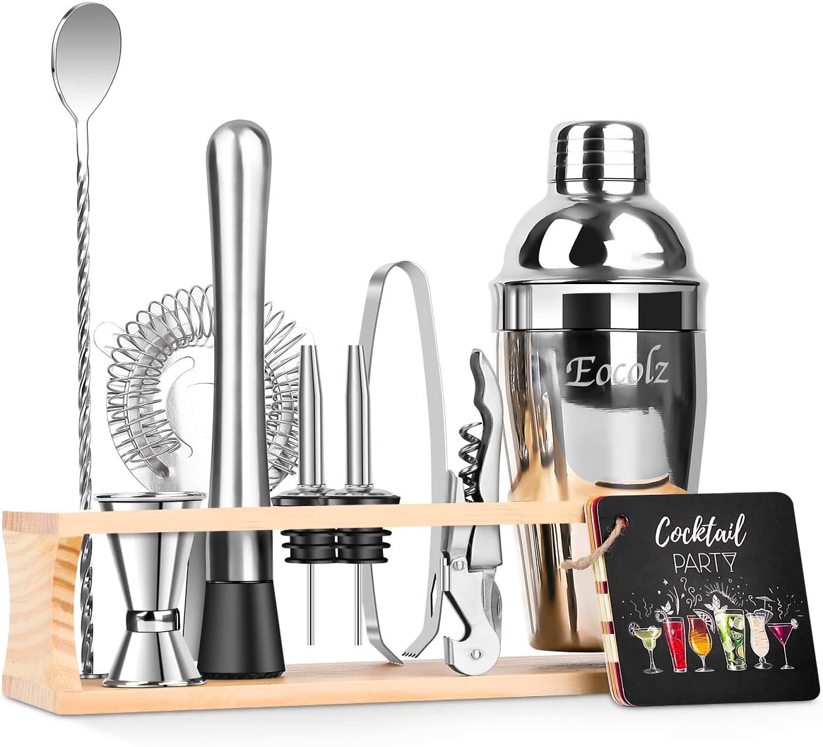 Amаzіng 🔥 Eocolz Cocktail Shaker Bar Set Bartender Kit with Stand Accessories: Martini Shaker, Jigger, Strainer, Mixer Spoon, Tongs, Pourer, Muddler, Bottle Opener | Professional Bar and Home Drink Making Tools