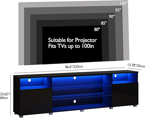 Miniatura 29 de Soporte de TV negro LED de alto brillo para TV de 55/60/65 pulgadas, moderno centro de entretenimiento LED con estantes de almacenamiento