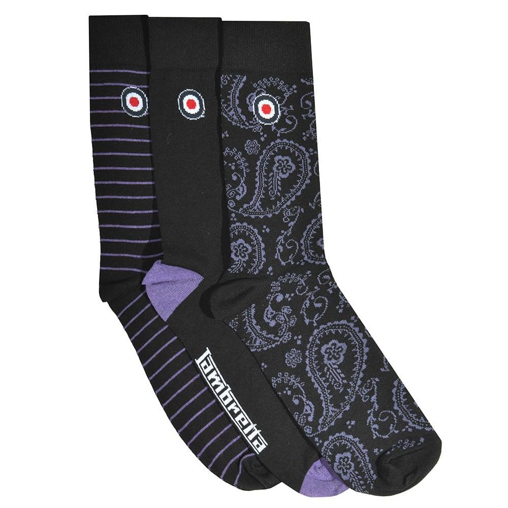 Lambretta Men's Black/Wine 3 Pack Paisley & Plain Crew Socks - Os