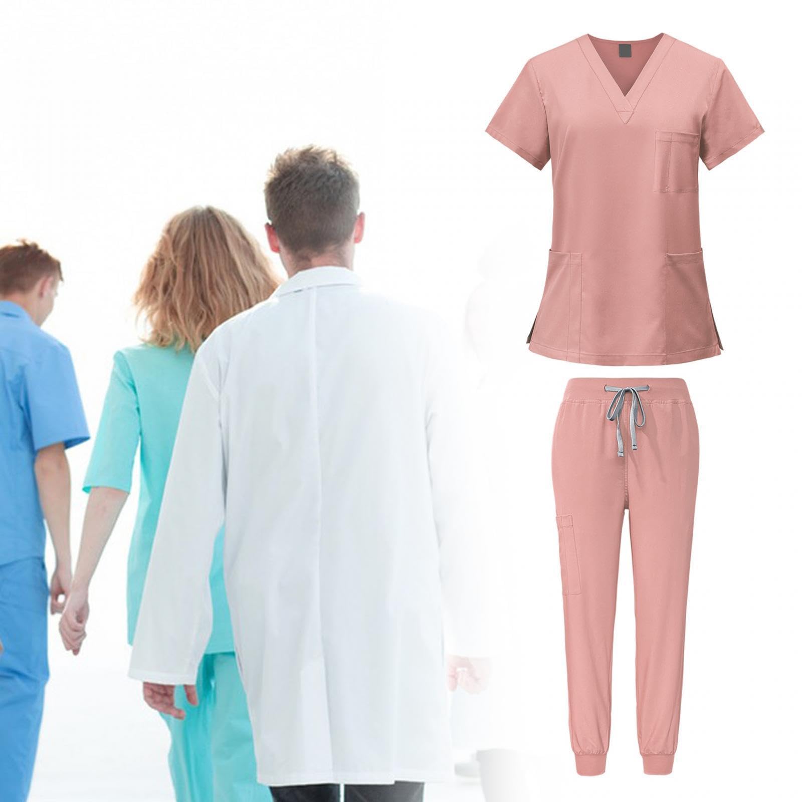 LOVIVER Female Scrub Set Nurse Workwear V Neckline Professional Machine Washable Top and Joggers Pant Work Clothing for Beauty Center, Pink, S