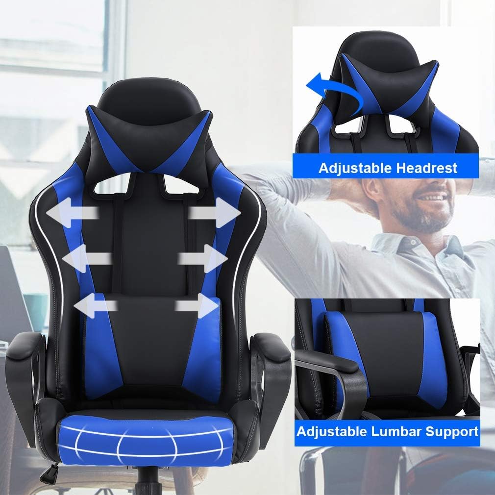 HHS Gaming Chair Computer Chair Video Game Chairs Ergonomic Racing Gamer Chair with Massage Lumbar Support and Headrest Armrest Big and Tall Comfortable Gaming Recliner for Adults Teens, Blue