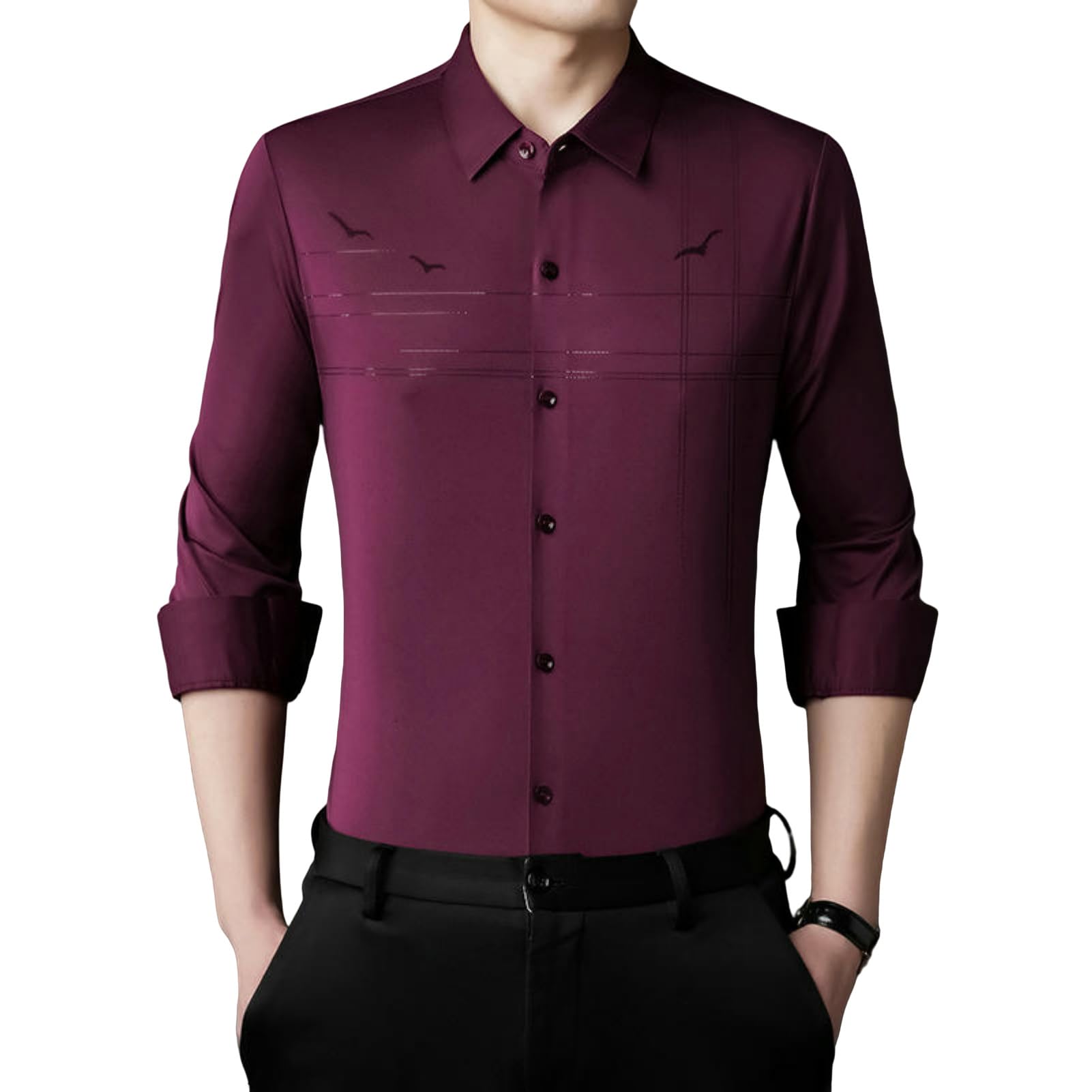 Camicia da uomo a maniche lunghe con stampa slim fit casual senza pieghe button down