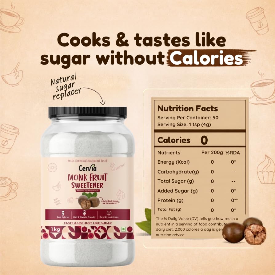 Image of Cervia Monk Fruit Natural Sweetener 1Kg | 100% Natural Sugar Replacement | Zero Calories | Zero Glycemic Index | No Blood Sugar Spike | Diabetic & Keto Friendly | No Bitter Aftertaste | For Tea, Coffee & Cooking