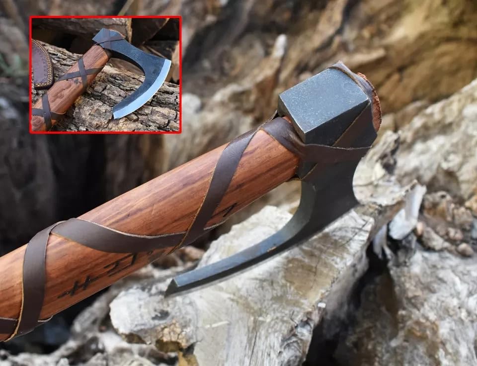 Image of Ragnar Viking Axe - Hand Forged Carbon Steel Hatchet with Leather Sheath | Norse Bearded Axe for Camping, Throwing, Hunting, Outdoor Survival | Gift for Men