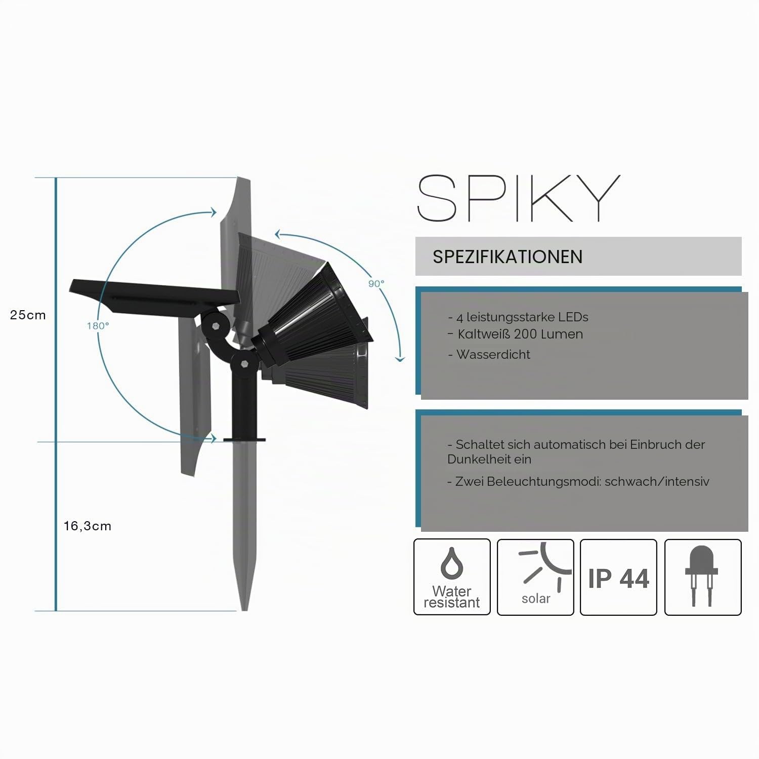 Lumisky 4 Stück Solar-Spots, 2-in-1, zum Stecken oder Befestigen, leistungsstarke Beleuchtung, dimmbar, LED, Weiß, Höhe 42 cm