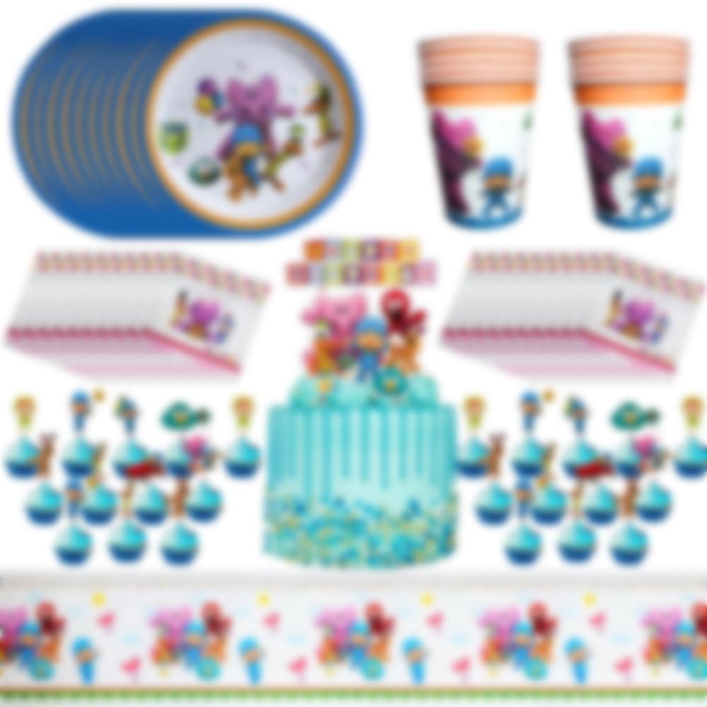 FISAPBXC 66 Piece Po*coyo Party, Birthday Party Set, Happy Birthday Cake Topper, Reusable Party Tableware Includes Plates, Cups, Napkins, Tablecloth, for 10 People
