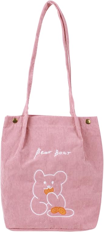 Aisi Corduroy Totes Bag Women Ladies Corduroy Shoulder Bag Cute Cartoon Embroidery Casual Shoulder Tote