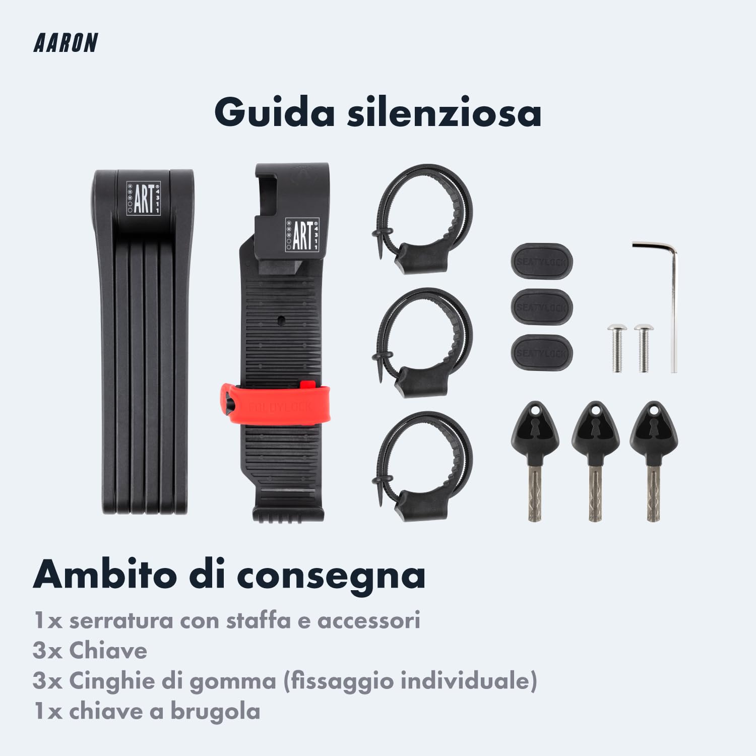 AARON Premium - Lucchetto pieghevole sicuro livello 18, serratura brevettata ad alta sicurezza con supporto, chiusura leggera per bicicletta elettrica, bici da strada, moto, MTB