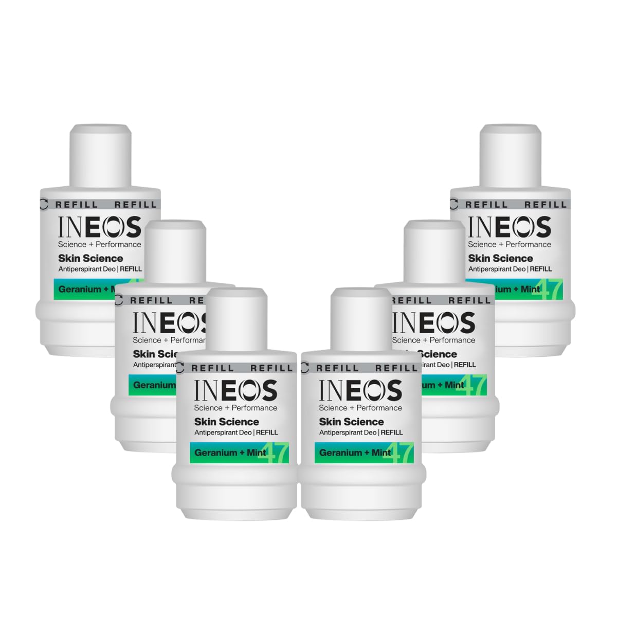 INEOS Skin Science - All Day + All Night 24H Freshness + Protection Antiperspirant Deodorant Roll On Refill Geranium + Mint - With SkinActiv Cooling Tech™ - Plant Powered. 50ml x 6