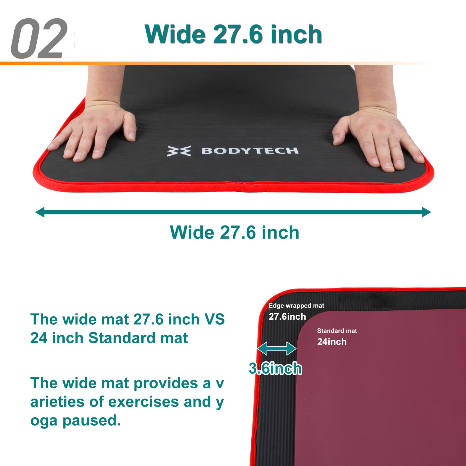 BODYTECHÂ  Exercise yoga mat with edge protection design 1/2 inch thick 27.6 inch extra wide color Red-Black
