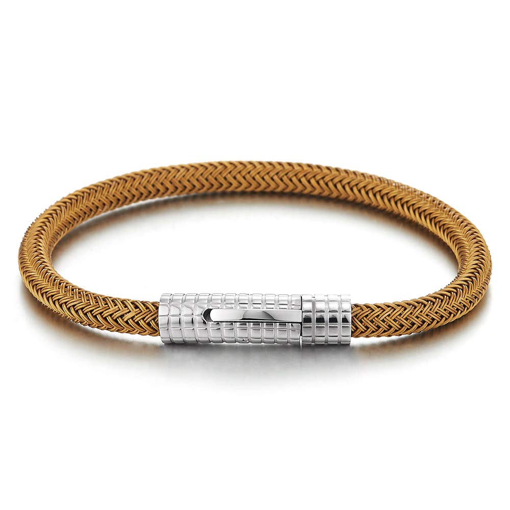 iMECTALII Mens Women Stainless Steel Bronze Braided Cable Bangle Bracelet with Grid Pattern Spring Clasp