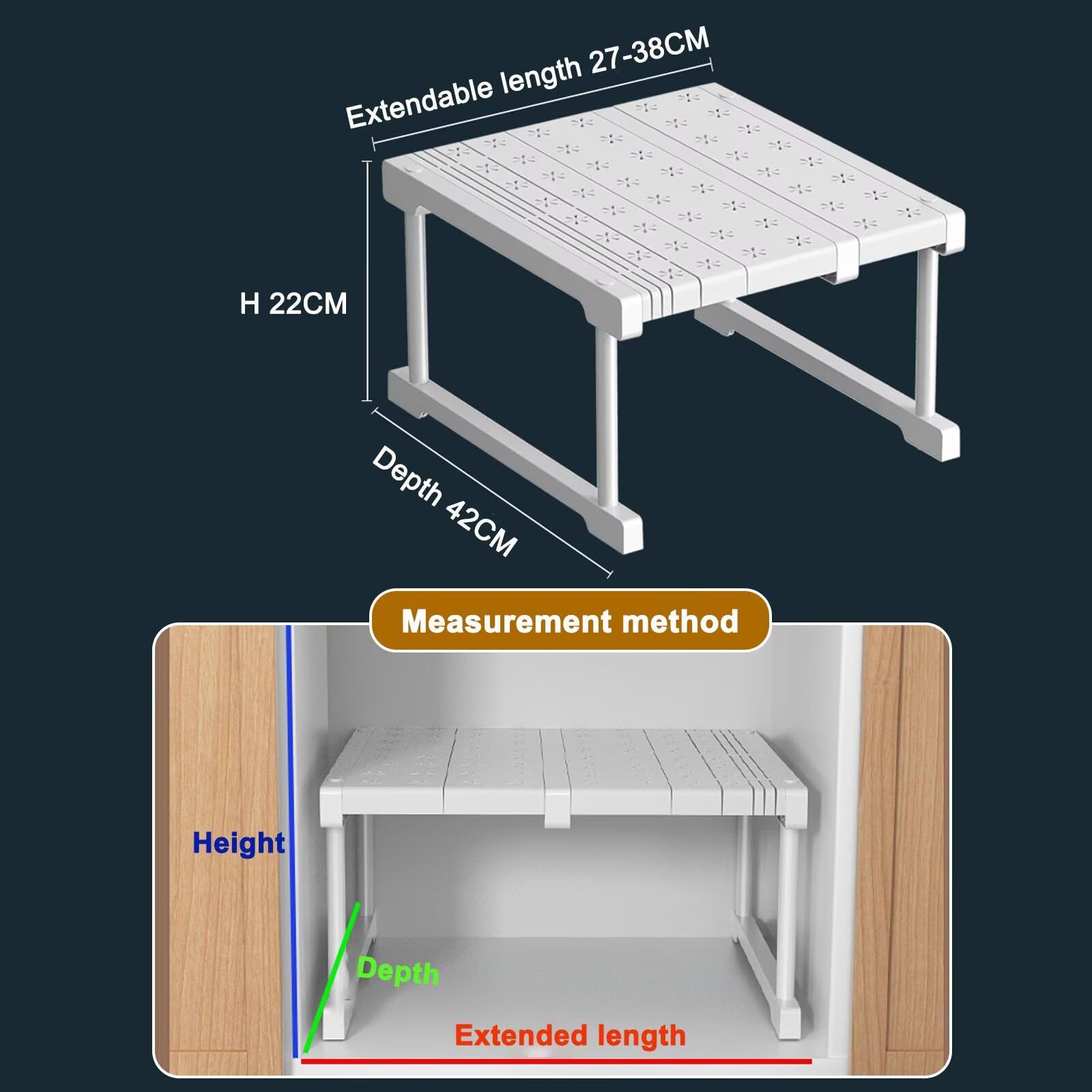 Erweiterbares Schrankregal, Verstellbare Kleiderschrank Organizer Rack, Stapelbar Aufbewahrungsorganizer Teleskopregal, Nagelfrei Teleskop Regaltrenner, T 42cm, H 22cm, Verstellbare Länge 27-38cm