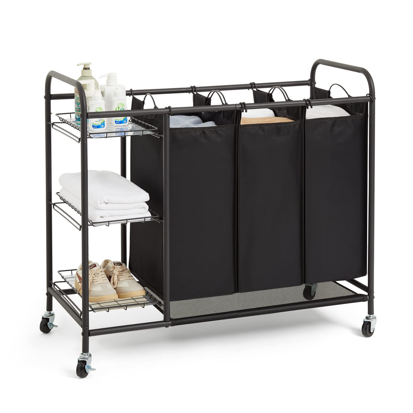 Meerveil Carrello Porta Biancheria con 3 Sacchi Rimovibili, Ceste per Bucato con Rotelle Universali