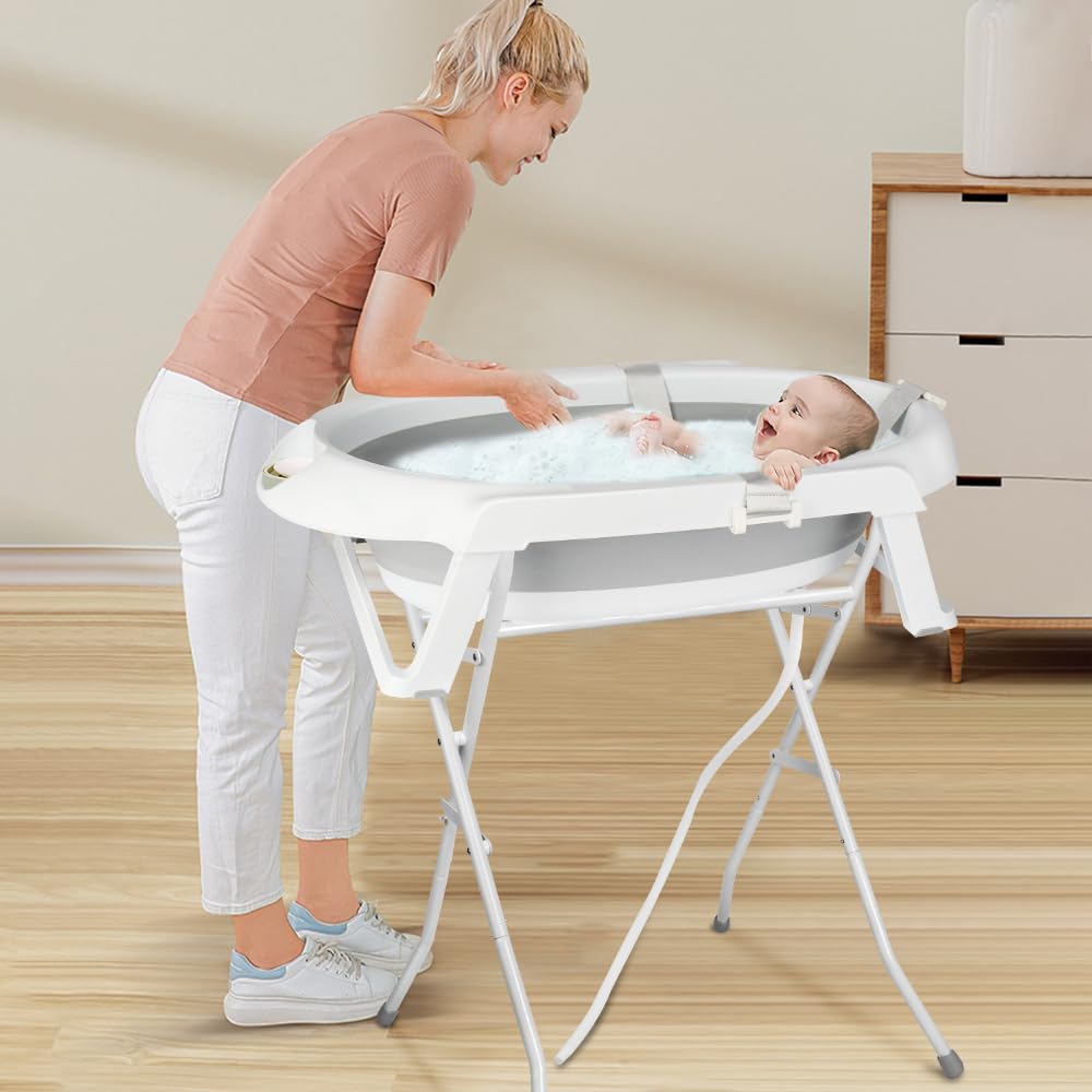 Baignoire Bébé Pliable XXL 2 en 1 sur Pied avec Support, Coussin, Drainage pour Nouveau-nés et Tout-petits (Gris)