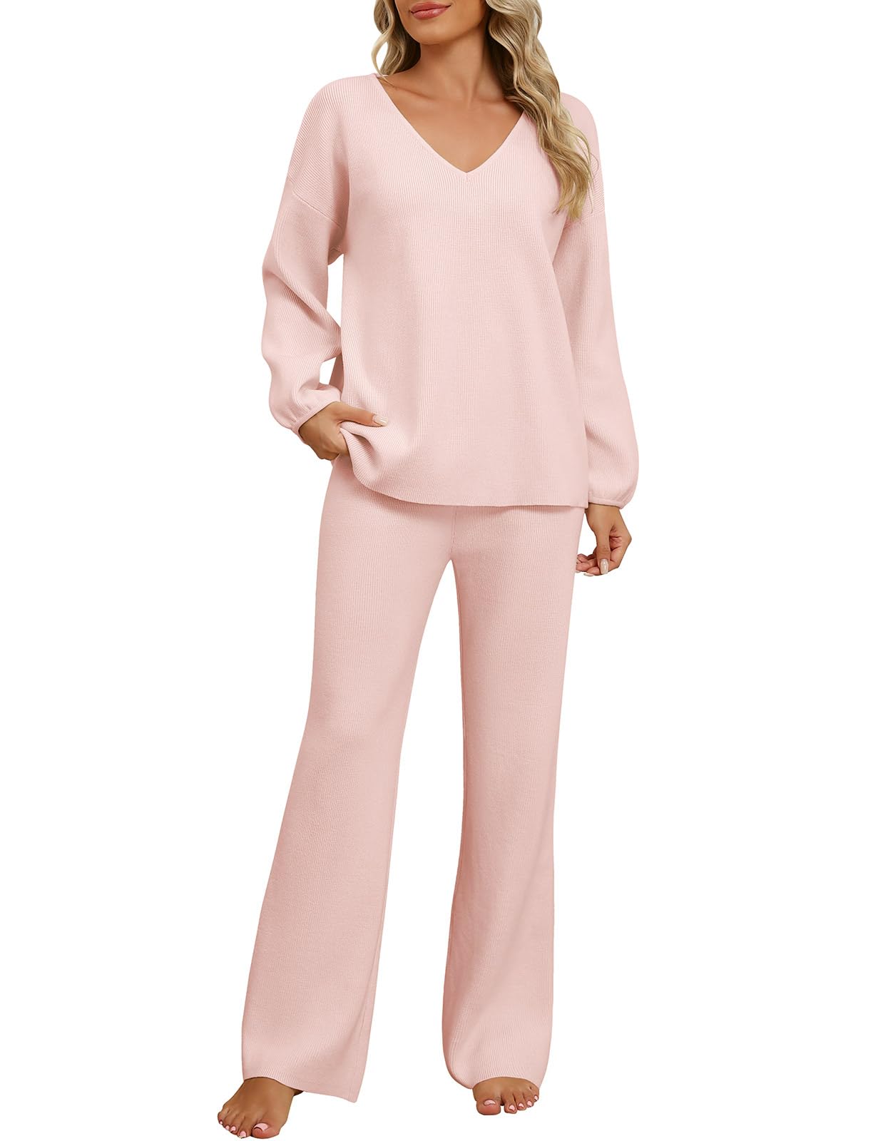 Ensemble Femme 2 Pièces Pyjama Hiver Automne Haut Manches Longue Col en V Tricot Côtelé Pantalon Droit à Taille Élastique Survêtement Doux Tenue Interieur Chic et Elegant