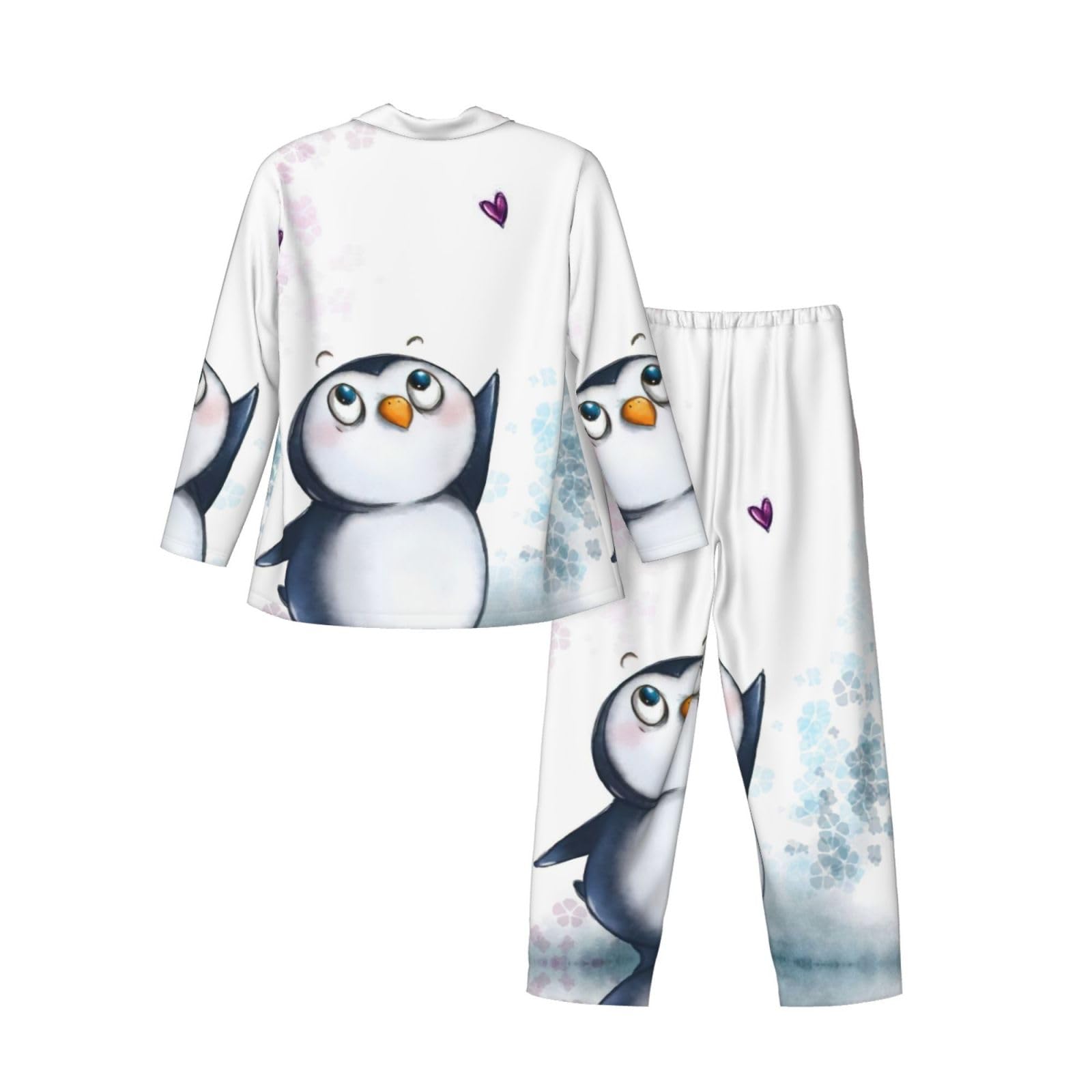 Męska piżama z nadrukiem "I Love Penguins", miękka piżama z długim rękawem dla mężczyzn zapinana na guziki bielizna nocna salon piżamy zestaw z kieszeniami