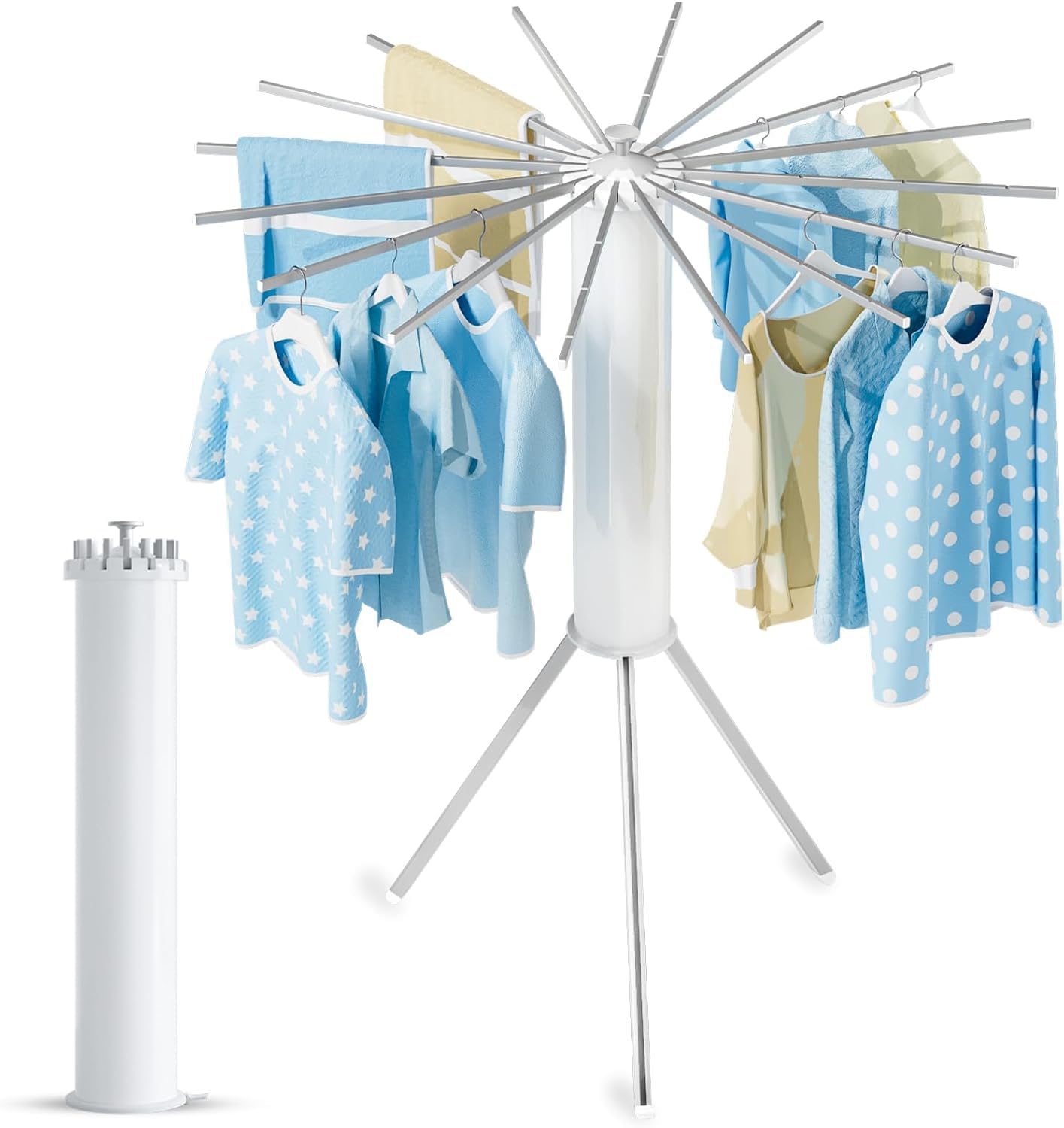 HomeAra Tripod Clothes Drying Rack Clothing Foldable & Portable Garment Rack Space Saving Laundry Aluminum Standing with 16 Poles Silver & White Floor Collapsible Household Indoor & Outdoor Holder-image-40