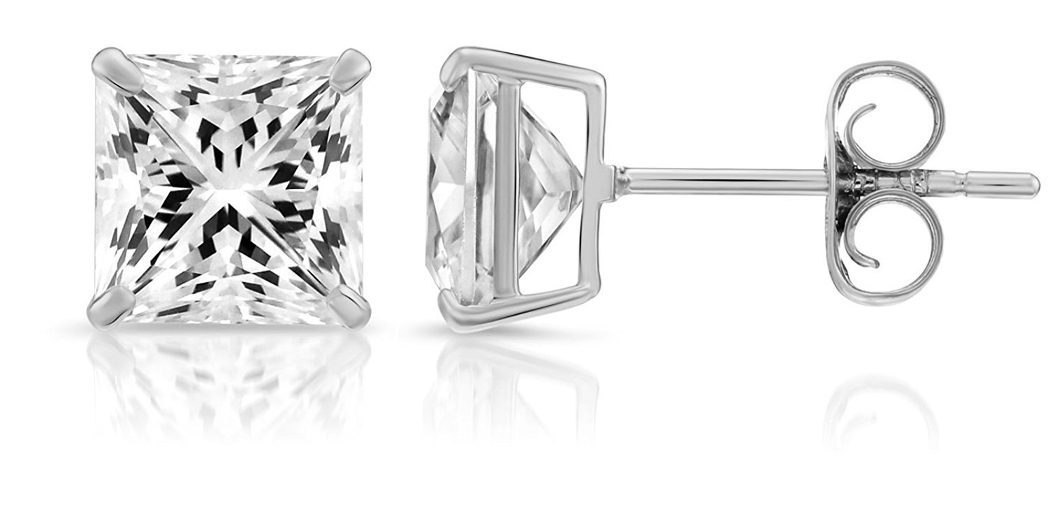 Art and Molly14k White Gold Princess Cut CZ Stud Earrings Real Gold Cubic Zirconia Studs with Solid Gold Backs Square