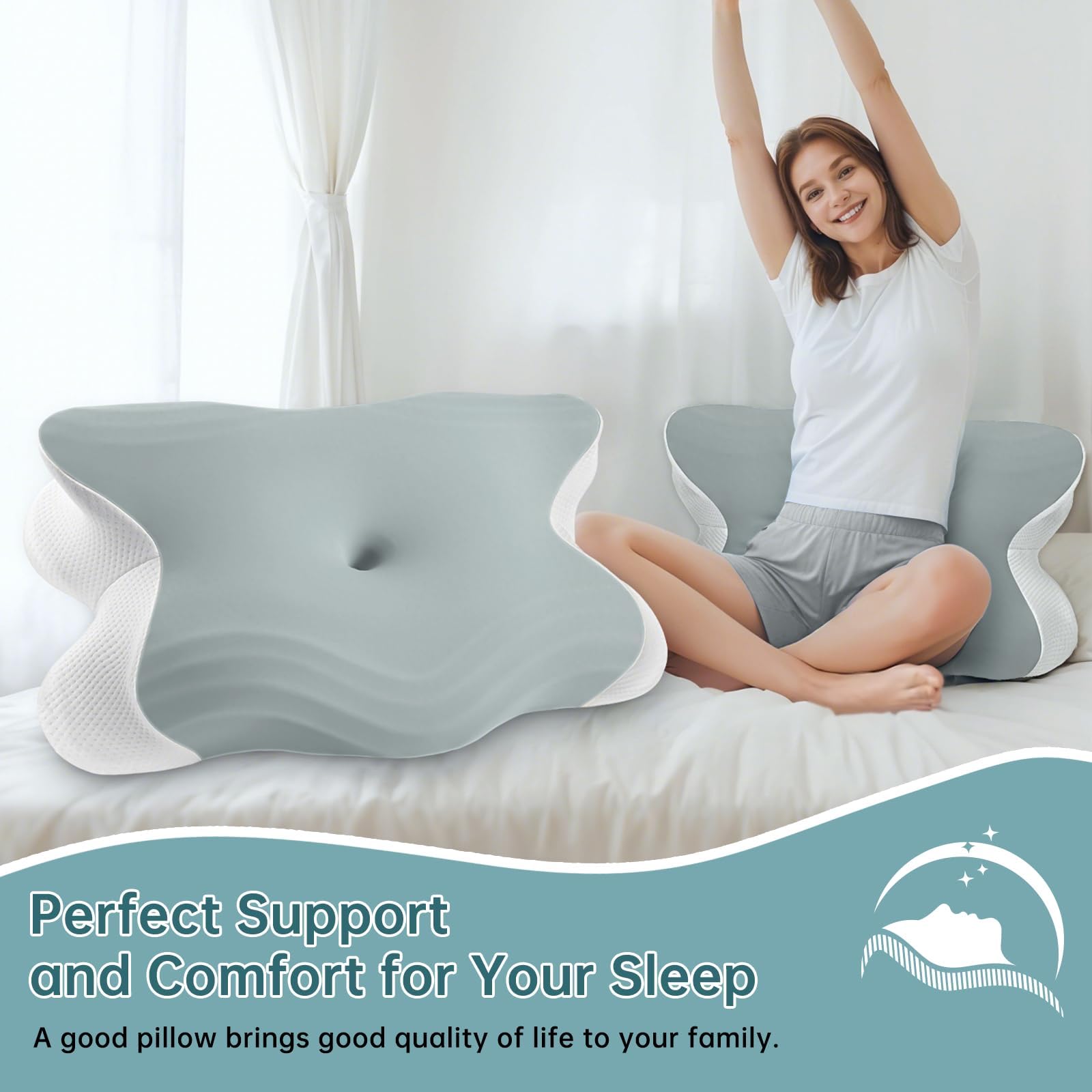 Almohada Ergonómica de Espuma Viscoelástica 2 en 1 – Reduce el Dolor de Cuello y Hombros, Adecuada para Dormir de Lado, Boca Arriba y Boca Abajo, Altura Regulable 11 cm/13 cm (Gris)