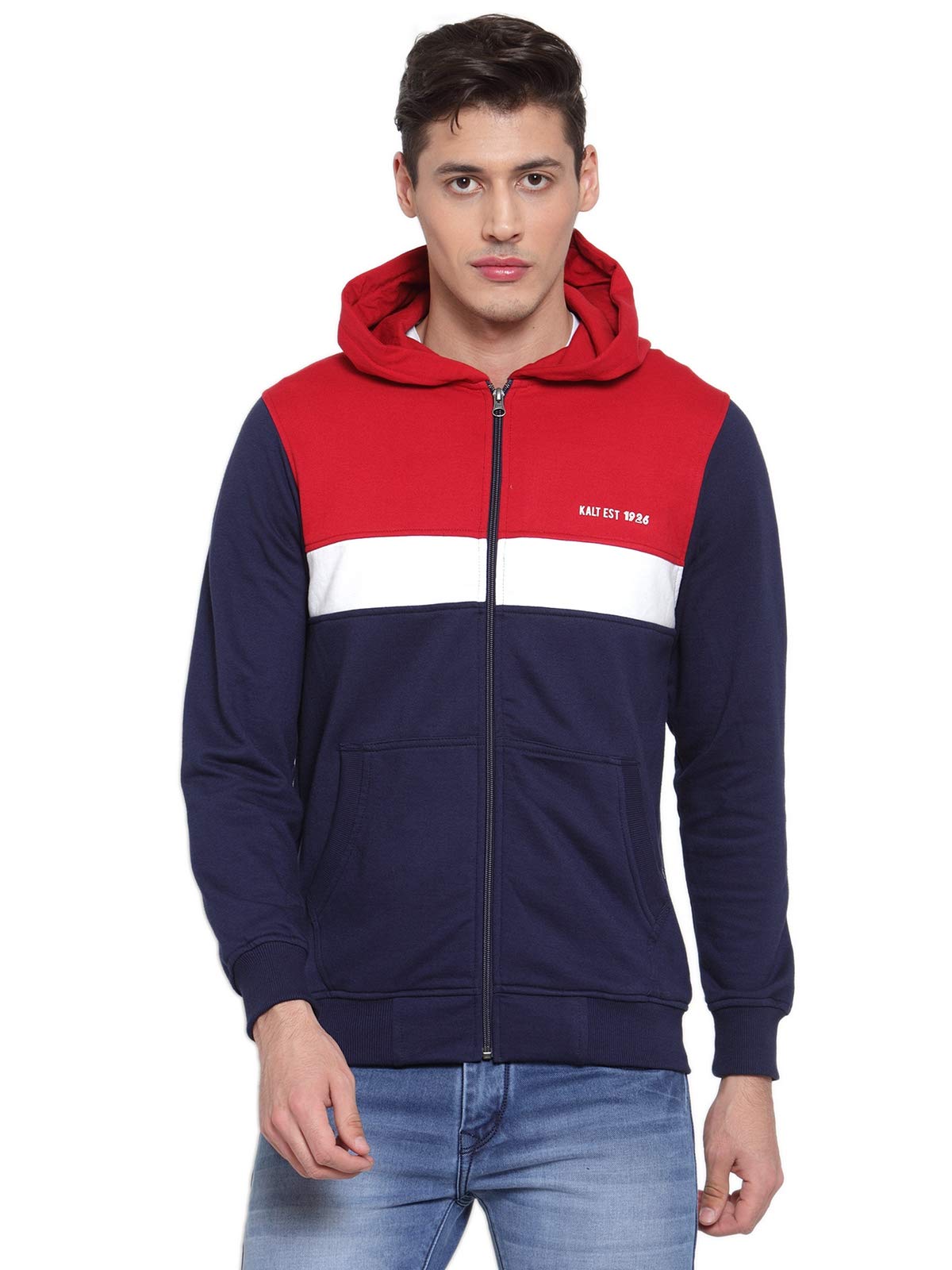 kalt Men's Full Sleeves Zipper Fleece Striped Hoodie(Navy::White::Red)-picture-24
