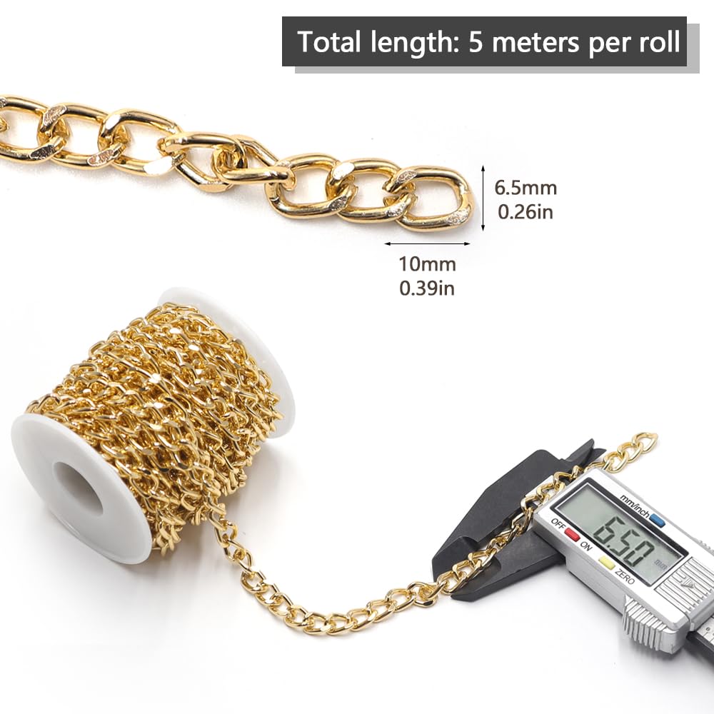 5m Rouleau Chainette pour Bijou Rouleau Aluminium Chaines pour Bracelet à Bricoler Soi Même Collier Fabrication de Bijoux,6.5×10mm(Doré)