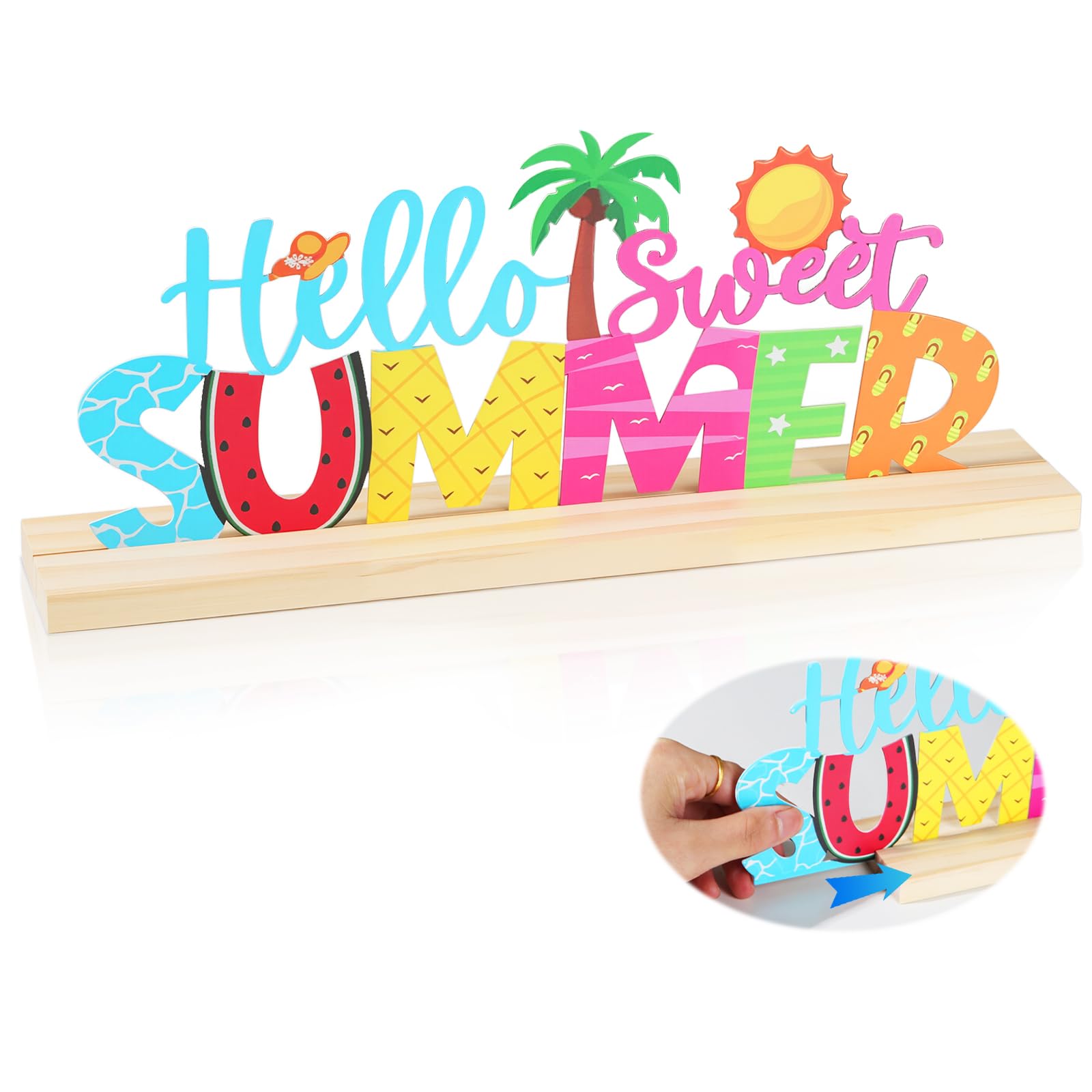 SACXFMC Summer Decor Metal Sign with Wooden Base - Vibrant Seasonal Home Tabletop Decor for Mantel, Shelf, Fireplace, Tiered Tray - Durable &