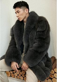 Denny&Dora Men's Luxury Fox Fur Coat Winter Warm Coats Mid-Length