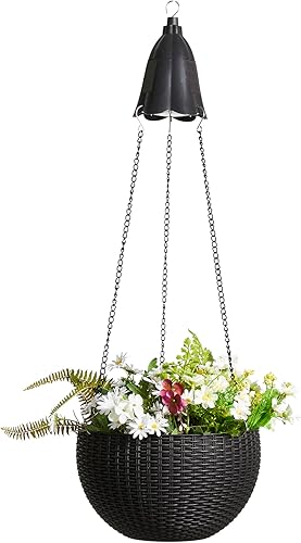 Glitzhome Maceta colgante de plástico de 30 pulgadas de alto con luces solares, colgador de cesta negra con cadena para plantas de interior y